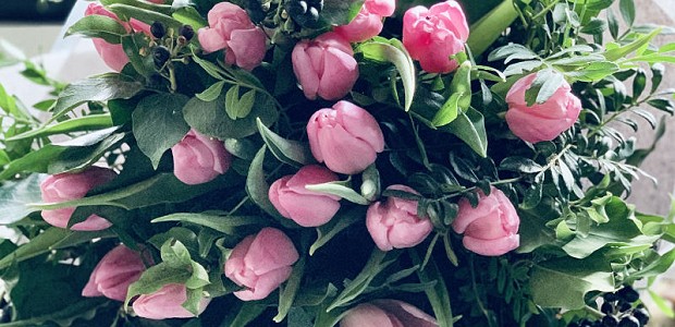 Lucie Mason Flowers Valentines Day flowers 'Cherish' British pink tulips hand tied bouquet close up