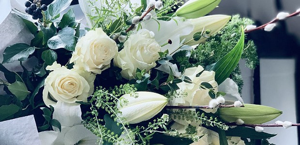 Lucie Mason Flowers Valentines Day flowers 'White Elegance' lily and roses hand tied bouquet close up